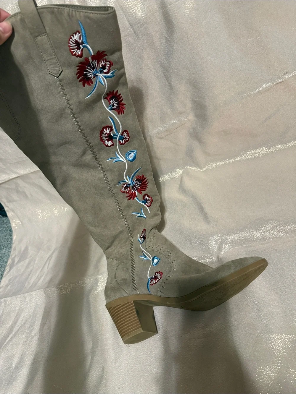 Women's Taupe Embroidered Knee-High Boots - Unbranded